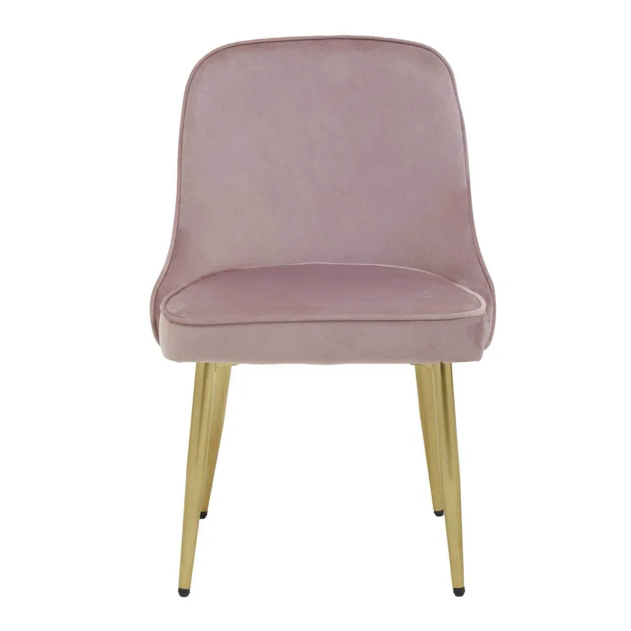 Blush pink velvet dining chair with gold metal legs front view