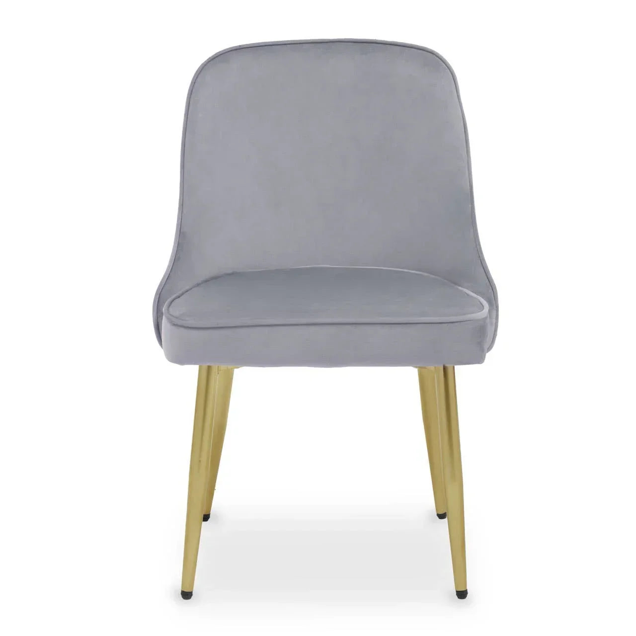Grey velvet dining chair with padded seat and gold metal legs, front view