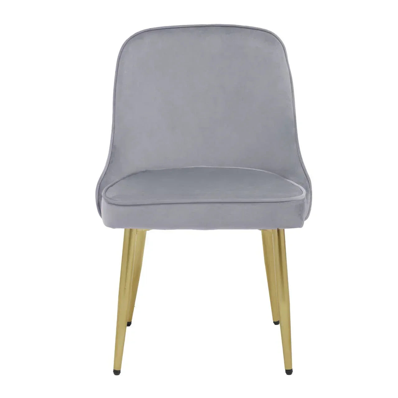 Grey velvet dining chair with gold metal legs, front view