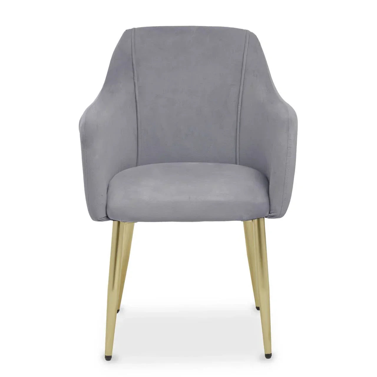 Grey velvet accent chair with gold metal legs, front view