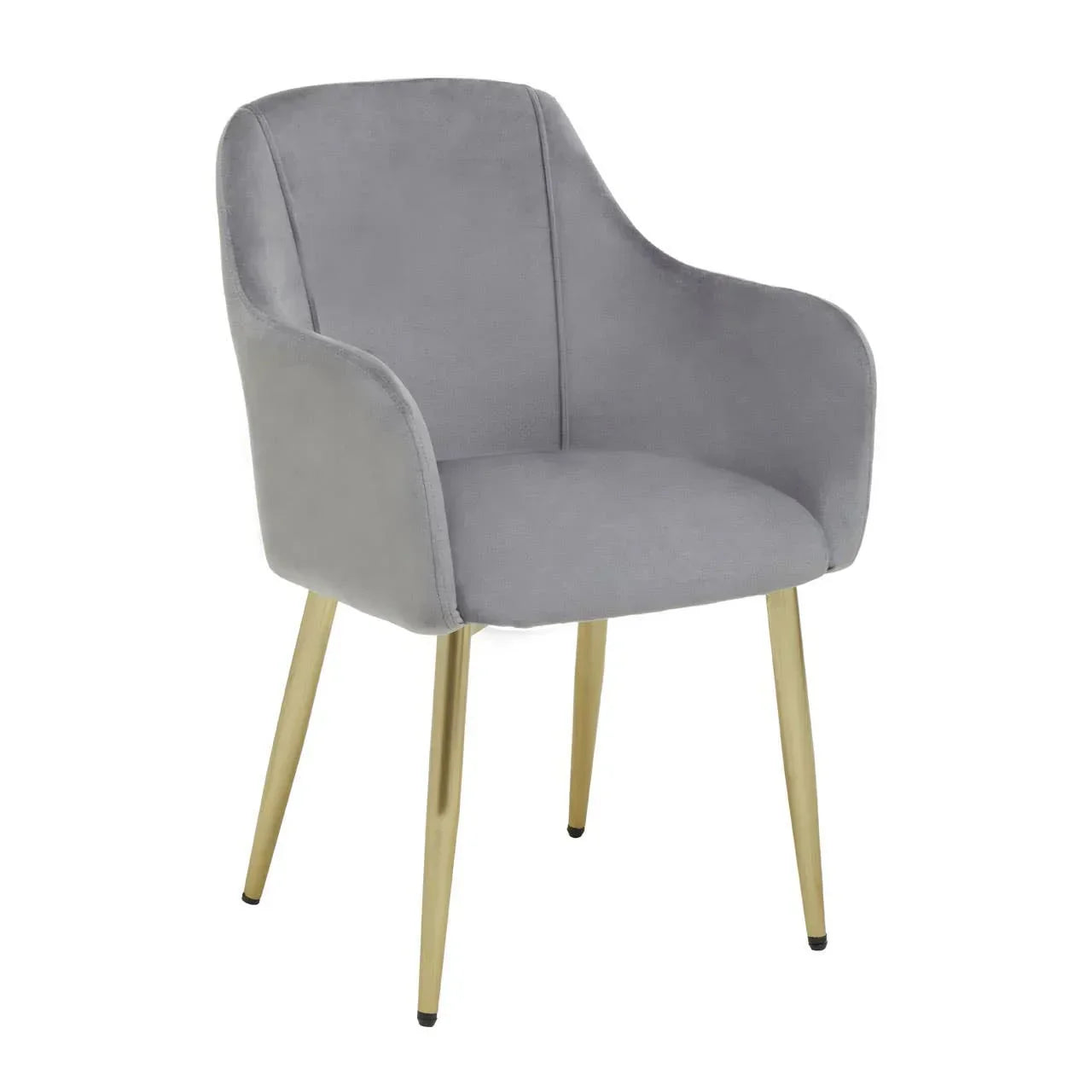 Grey velvet accent chair with gold metal legs and curved armrests