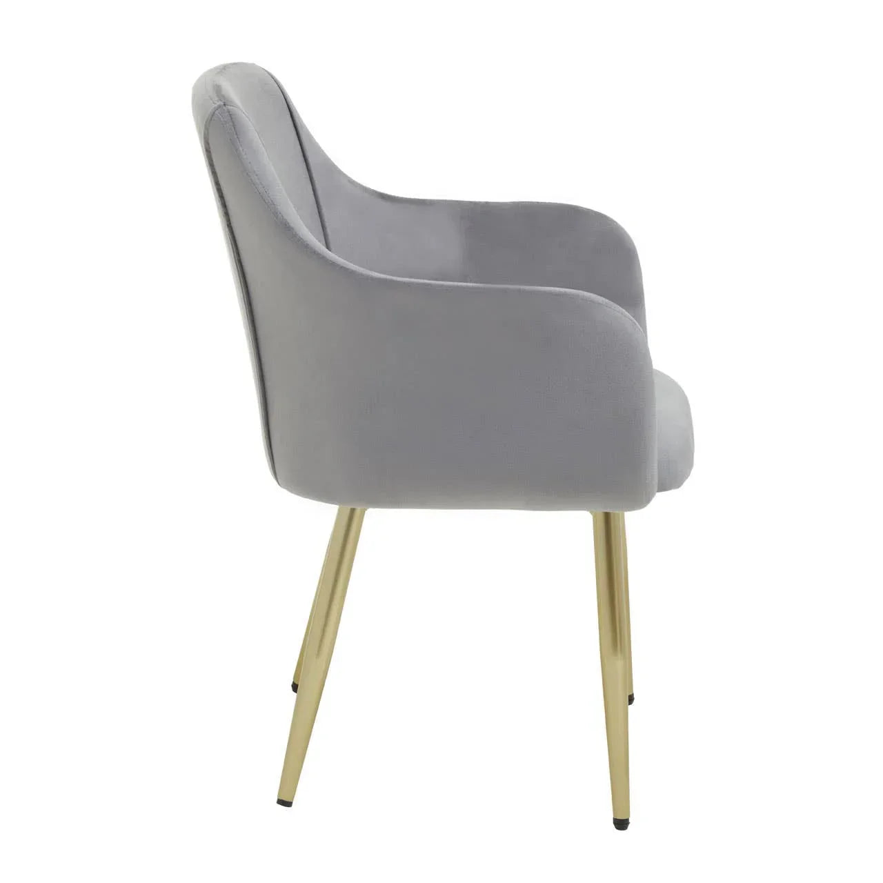 Grey velvet accent chair with gold metal legs side view