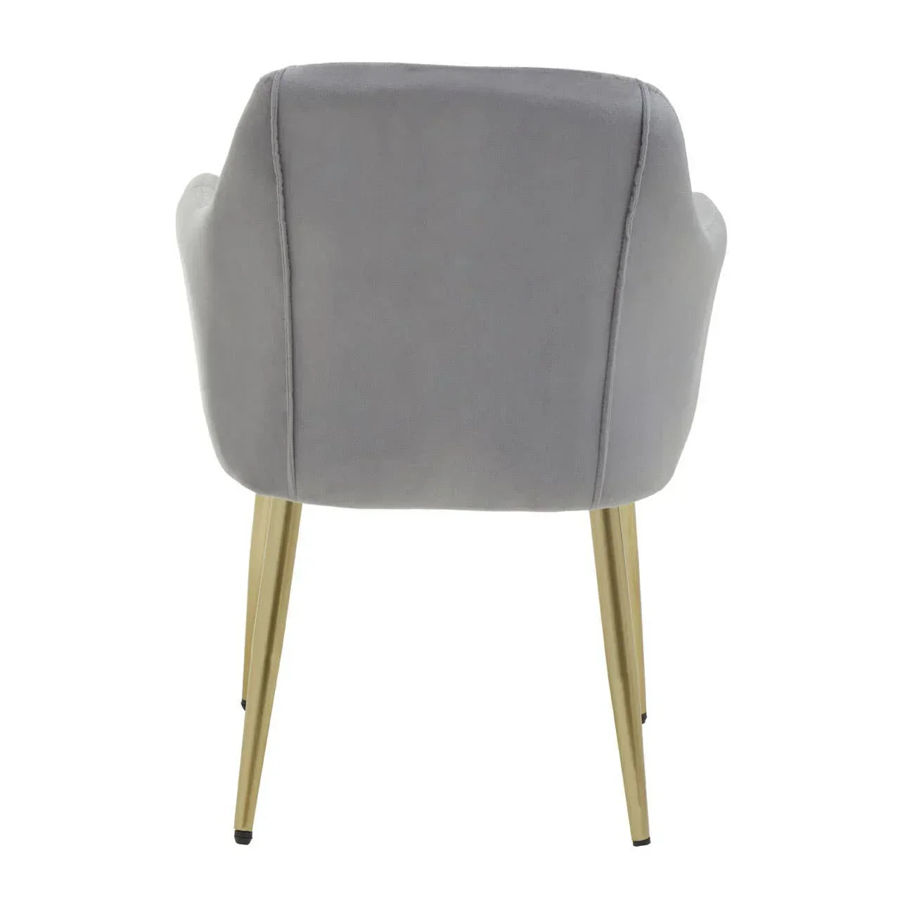 Rear view of grey velvet dining chair with gold metal legs