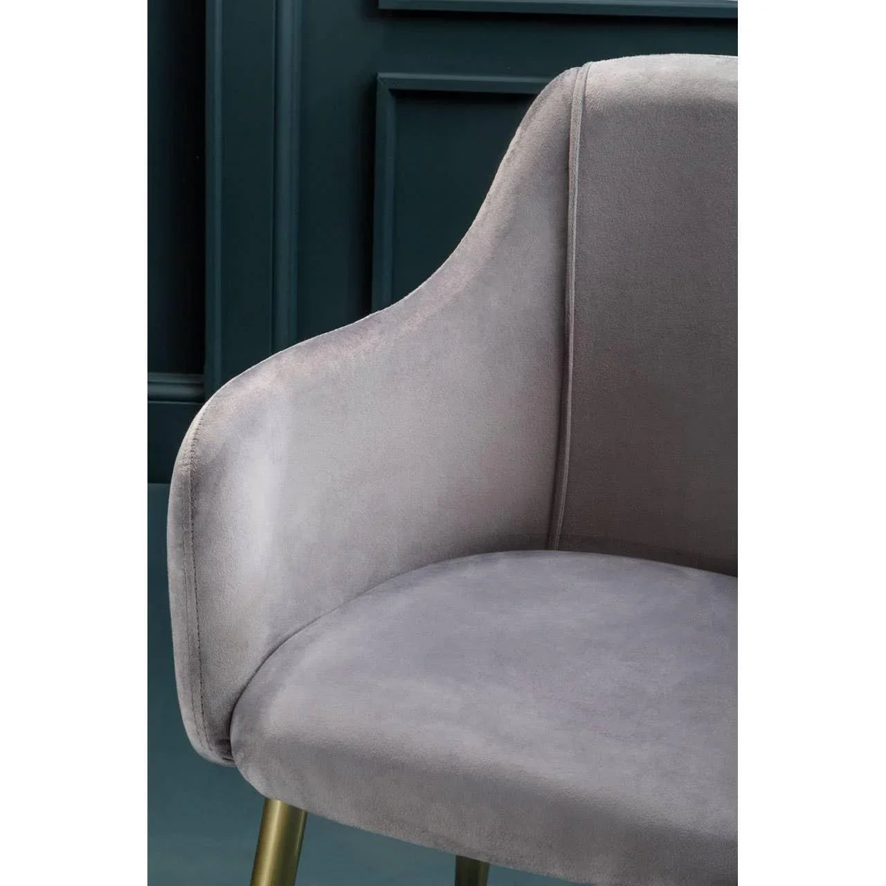 Close-up of grey velvet dining chair with curved backrest and gold metal legs