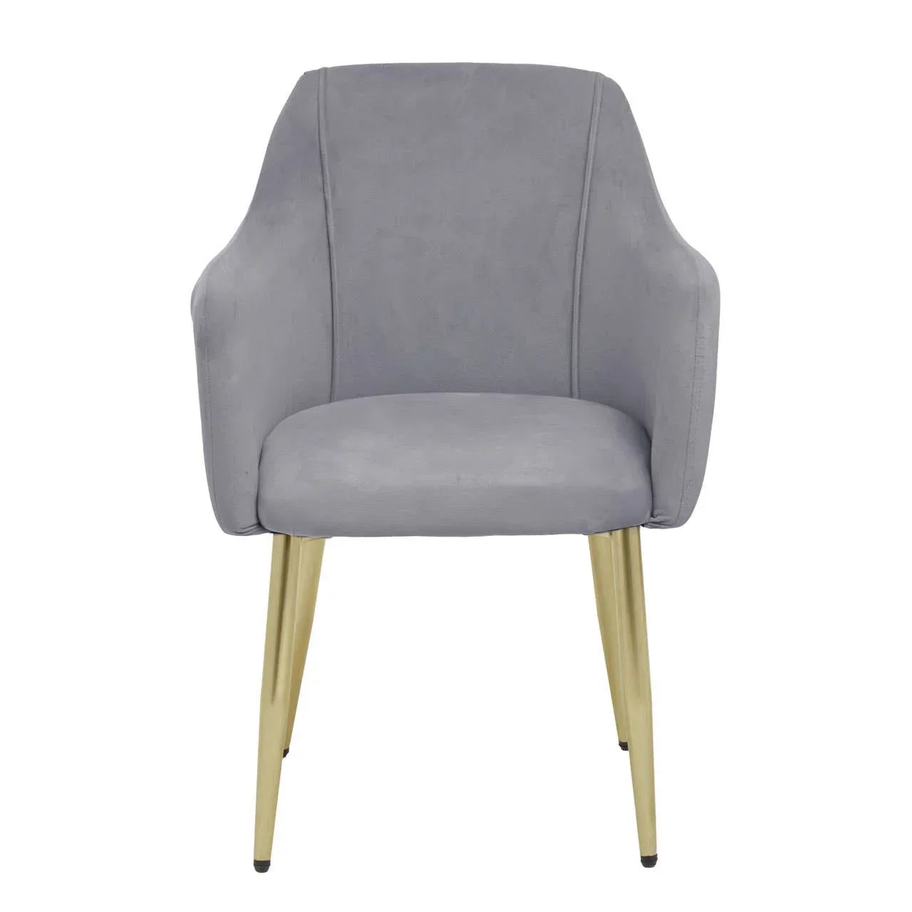 Grey velvet accent chair with curved back and gold metal legs, front view