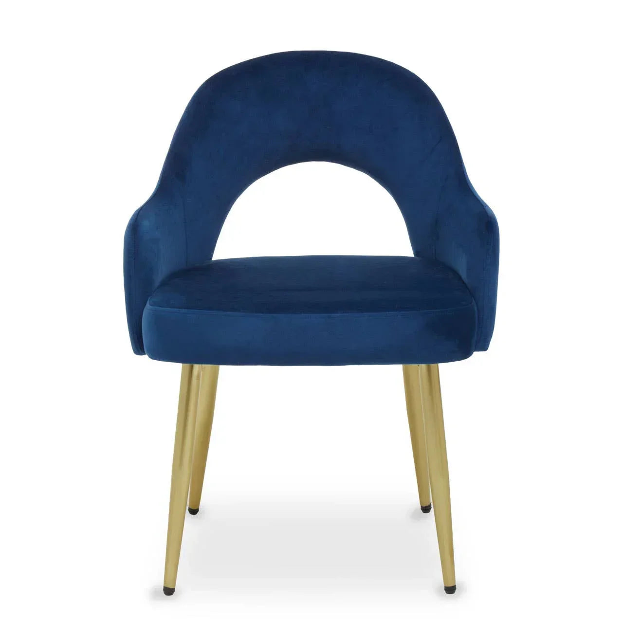 Blue velvet dining chair with gold metal legs and curved backrest, front view