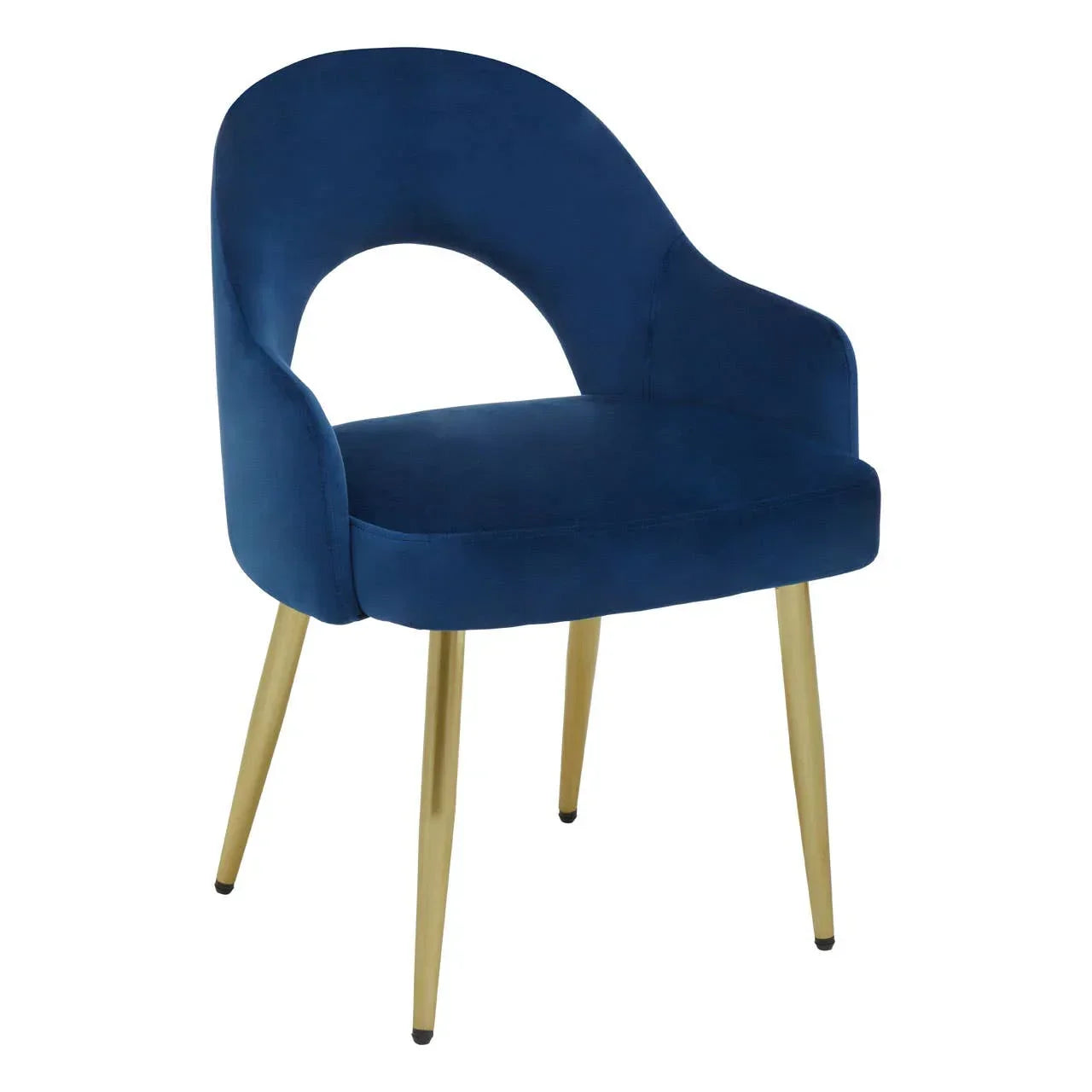 Blue velvet dining chair with curved back and gold metal legs on white background