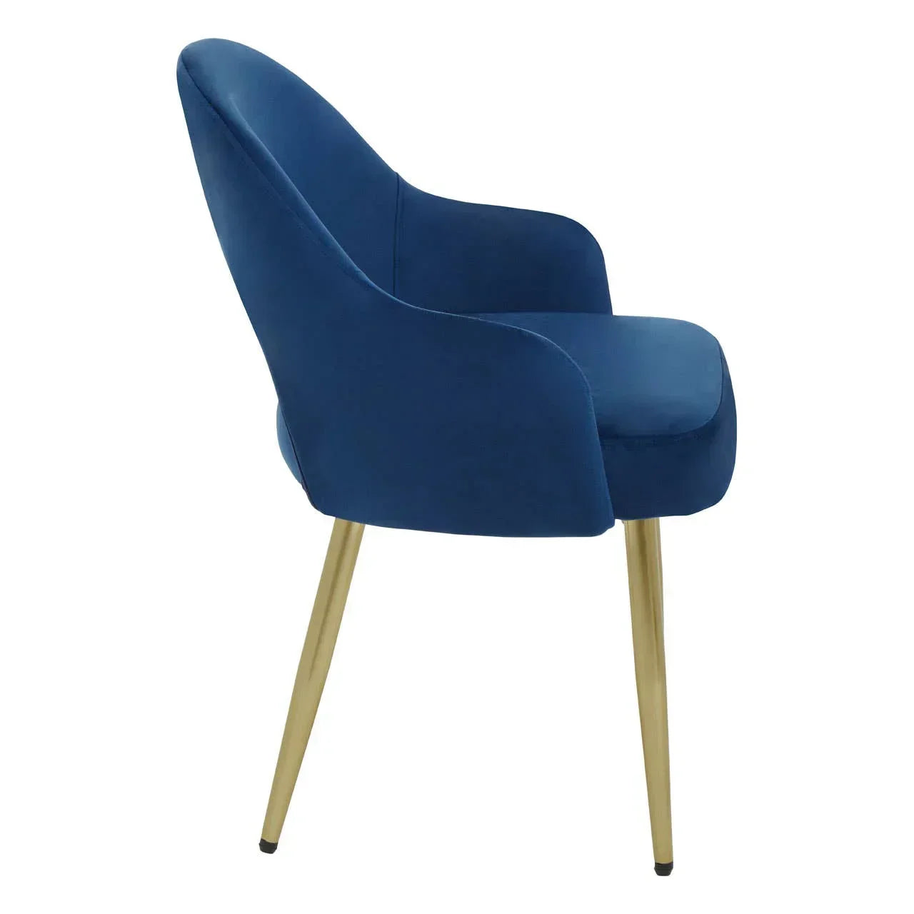 Blue velvet dining chair with gold metal legs, side view