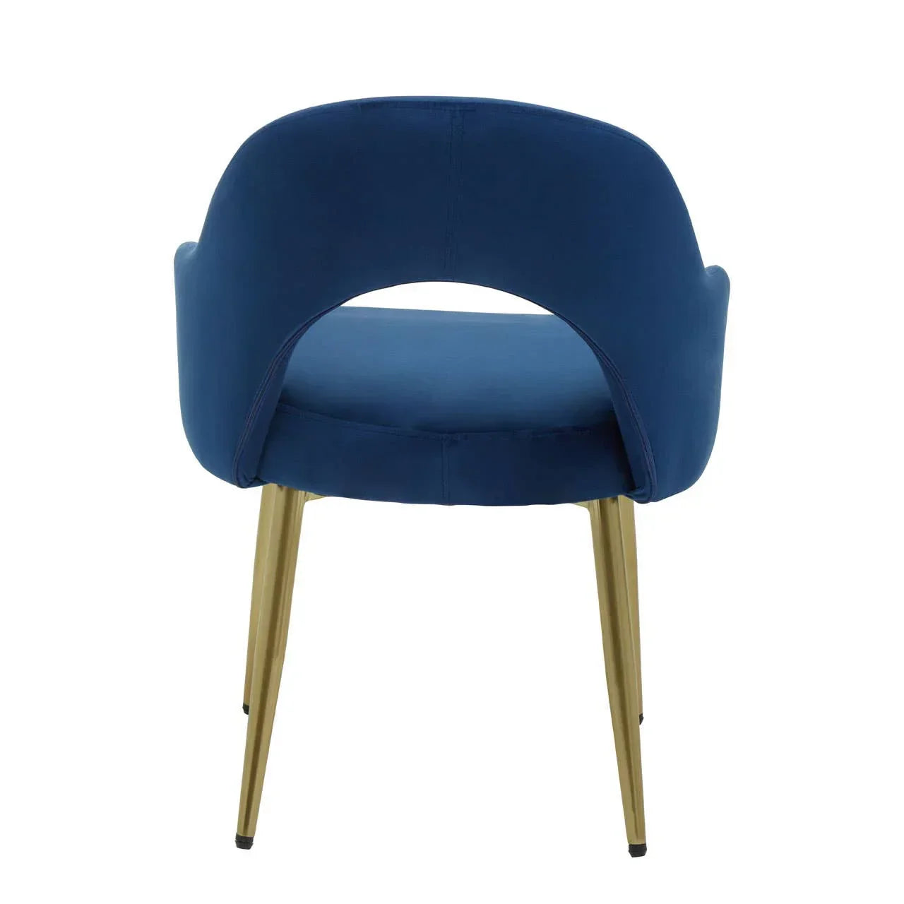Blue velvet dining chair with gold metal legs, viewed from the back