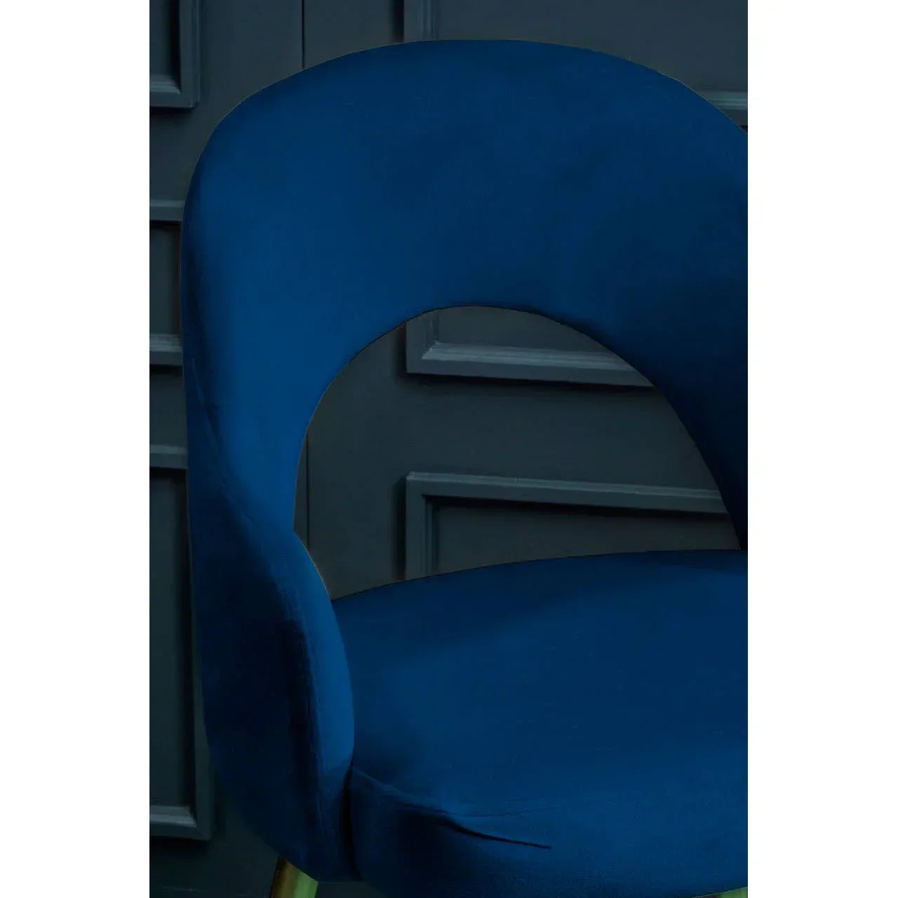 Blue velvet accent chair with curved backrest and gold legs in front of dark panel wall