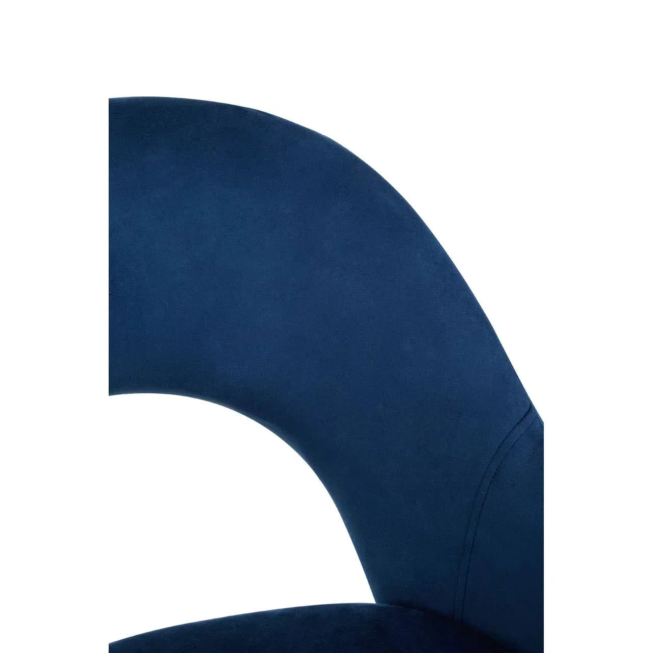 Closeup of curved blue velvet chair backrest highlighting soft upholstery