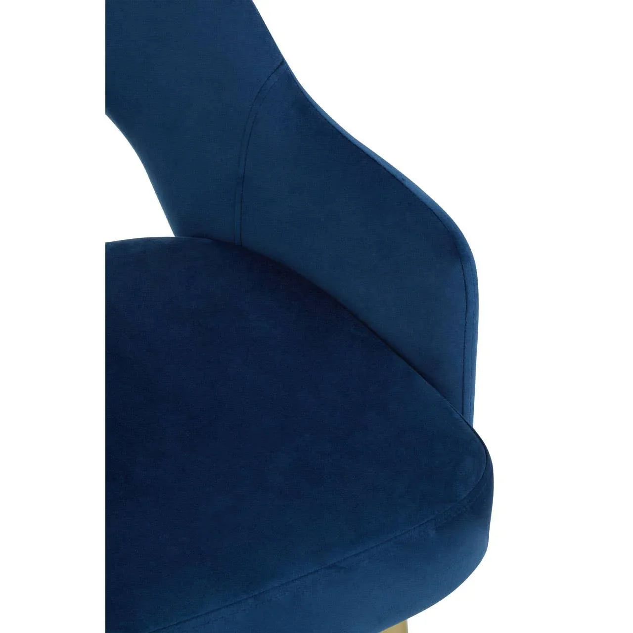 Close detail of blue velvet dining chair seat and curved backrest