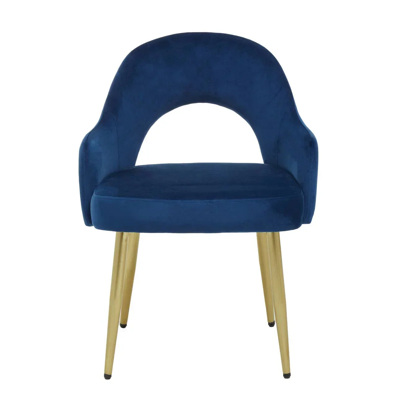 Blue velvet accent chair with gold metal legs and curved open back