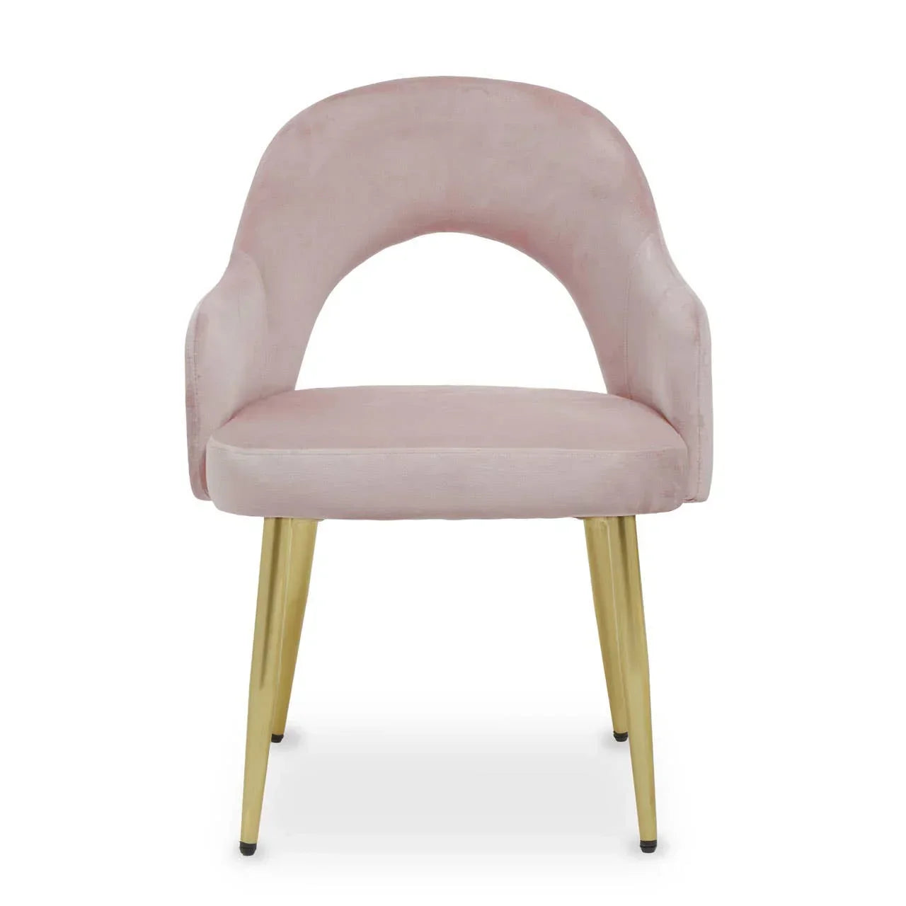 Blush pink velvet accent chair with gold metal legs, front view