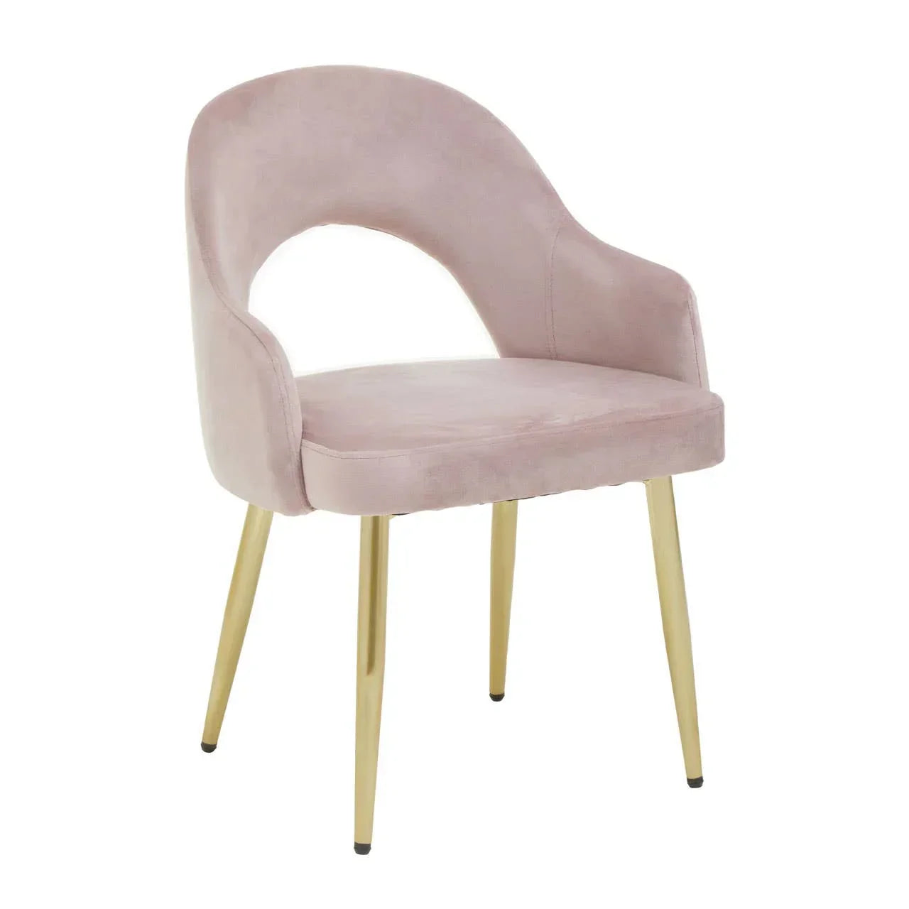 Blush pink velvet accent chair with curved backrest and gold metal legs