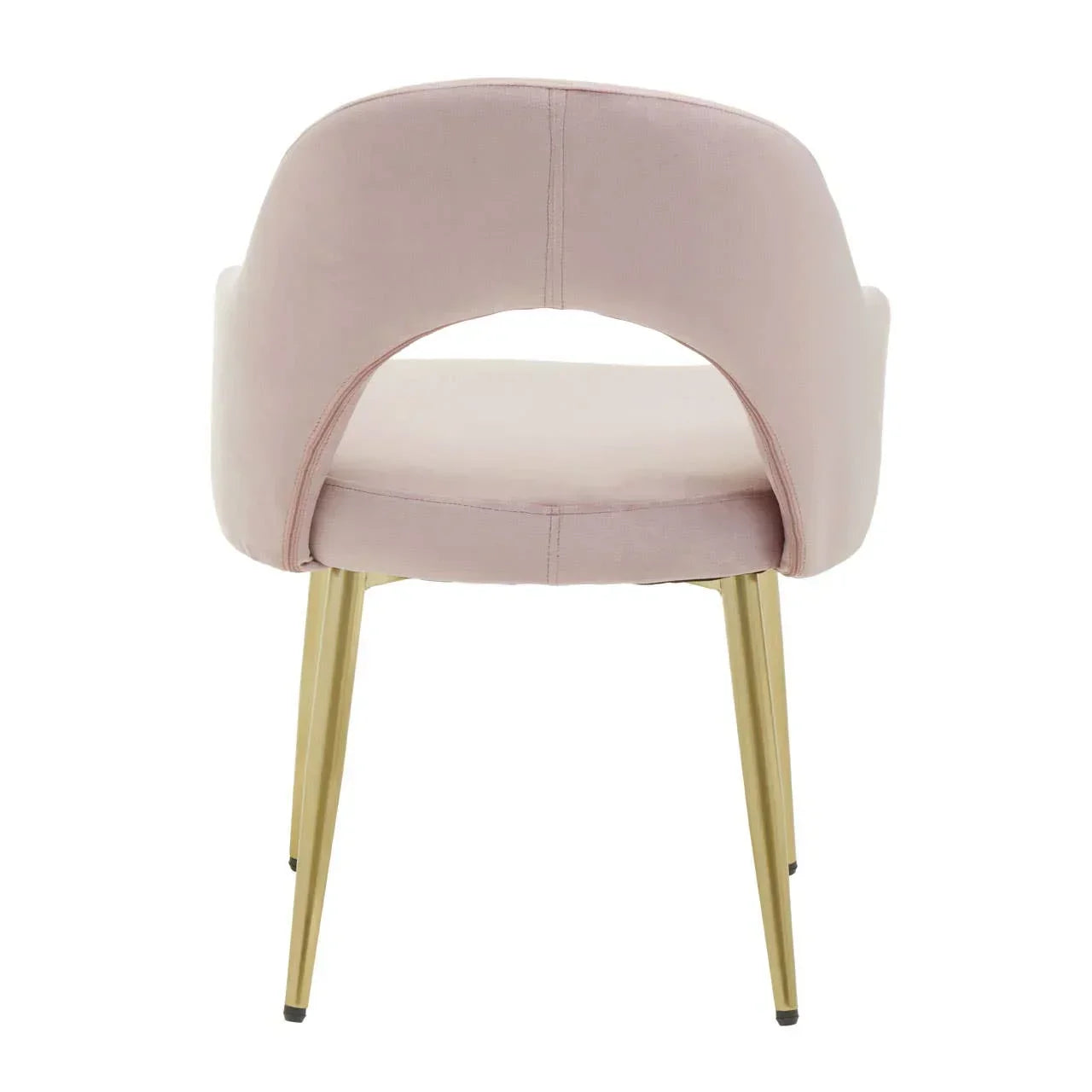Back view of blush velvet dining chair with gold metal legs and curved backrest