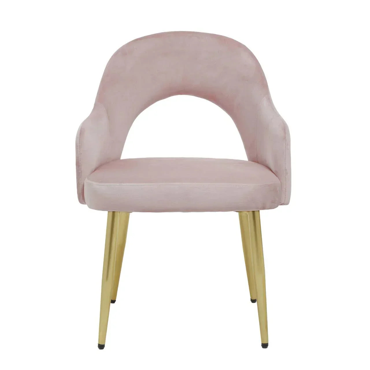 Blush pink velvet accent chair with curved backrest and gold metal legs, front view