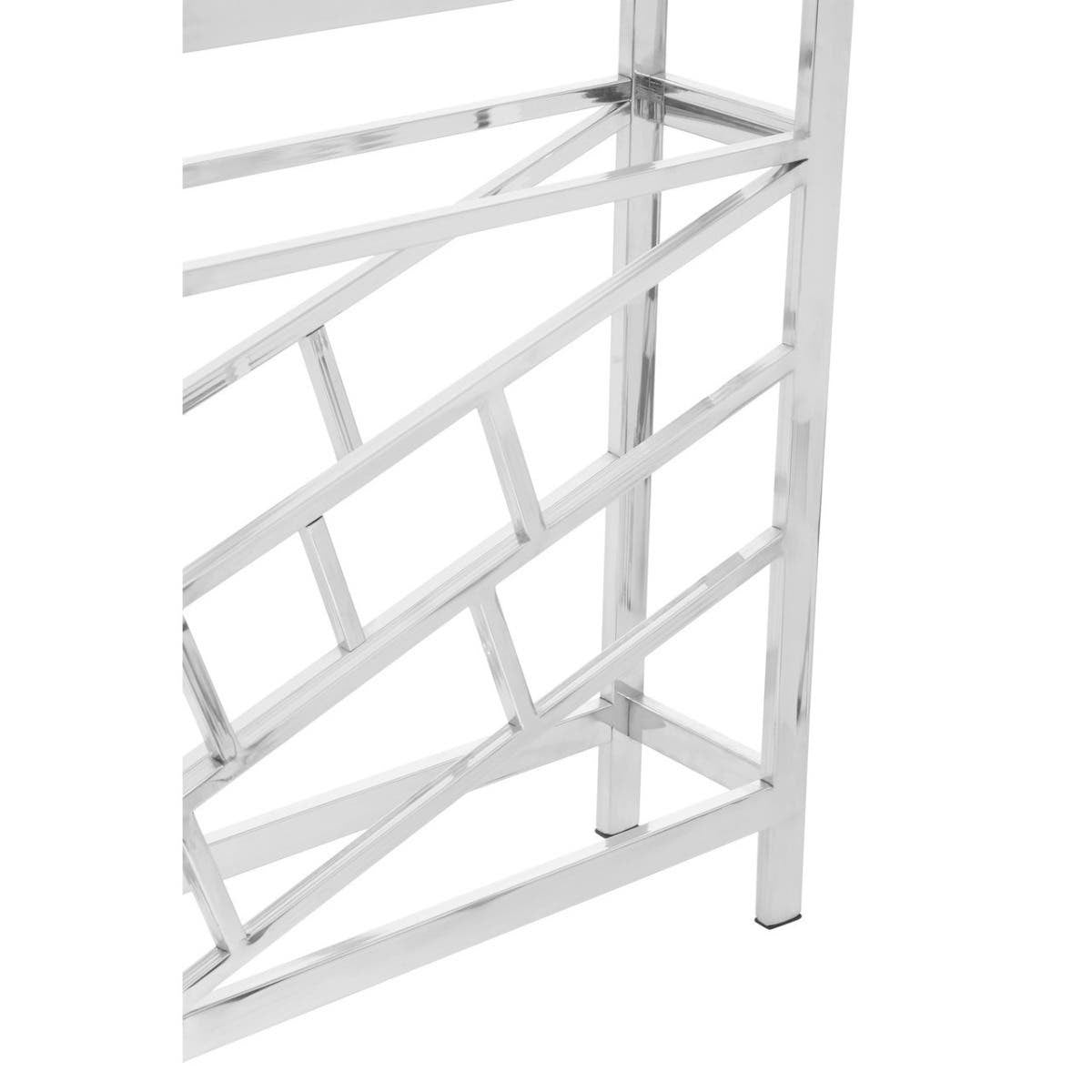 Silver floorstanding wine rack designed to hold 12 bottles, featuring a sleek, modern design with a geometric pattern on the sides and a sturdy frame