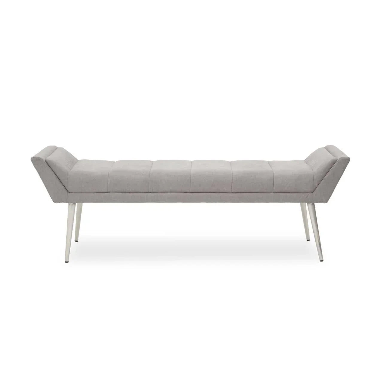 Modern grey upholstered bench with angled ends and metal legs on white background
