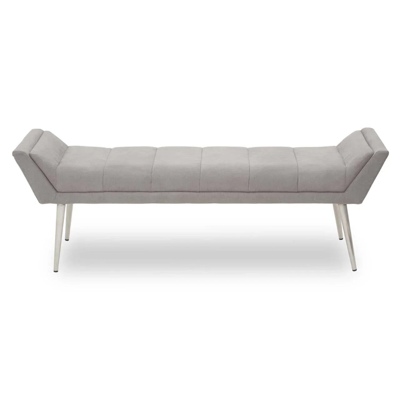 Grey upholstered bench seat with angled arms and metal legs on white background