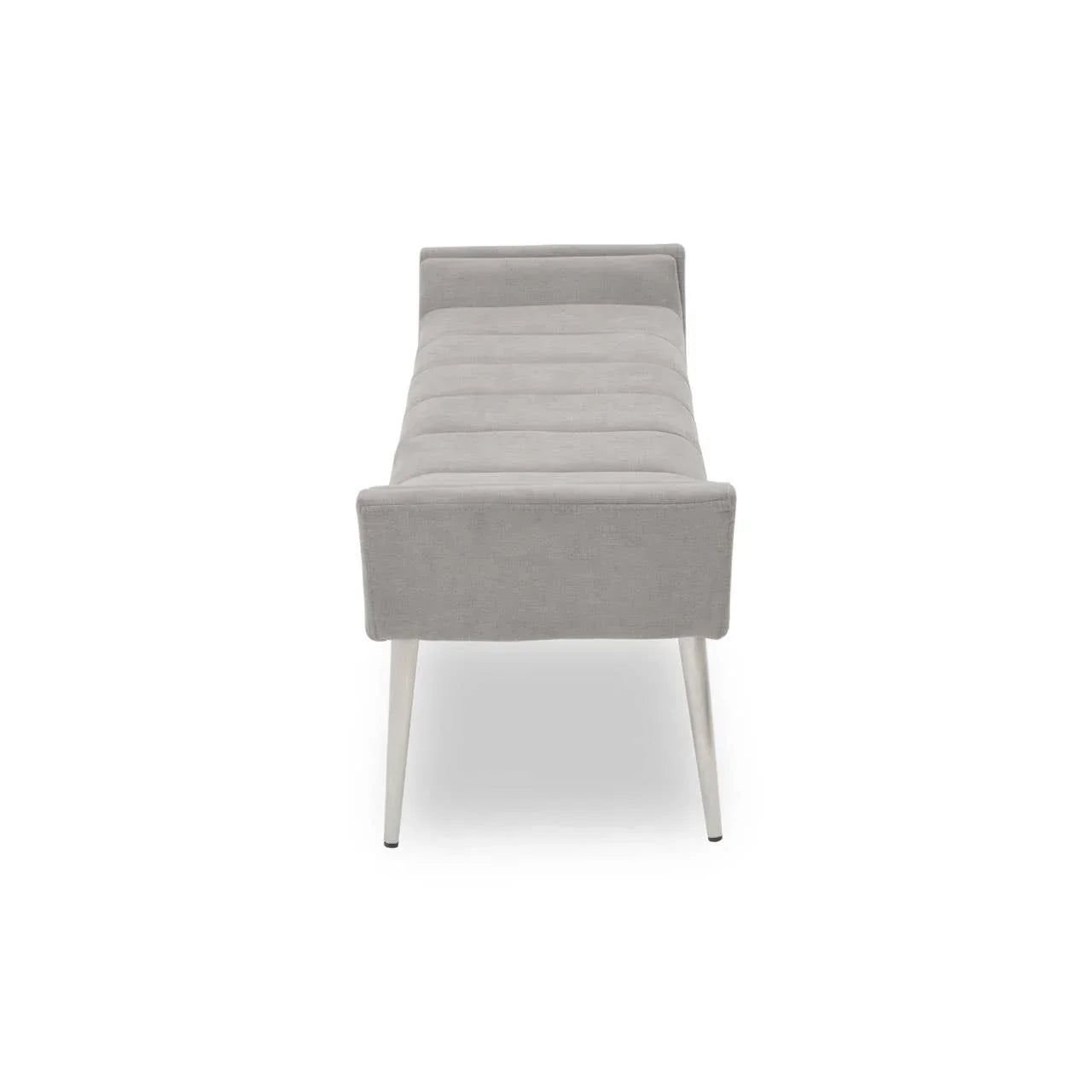 Grey upholstered bench seat with white legs, viewed from the front on a white background