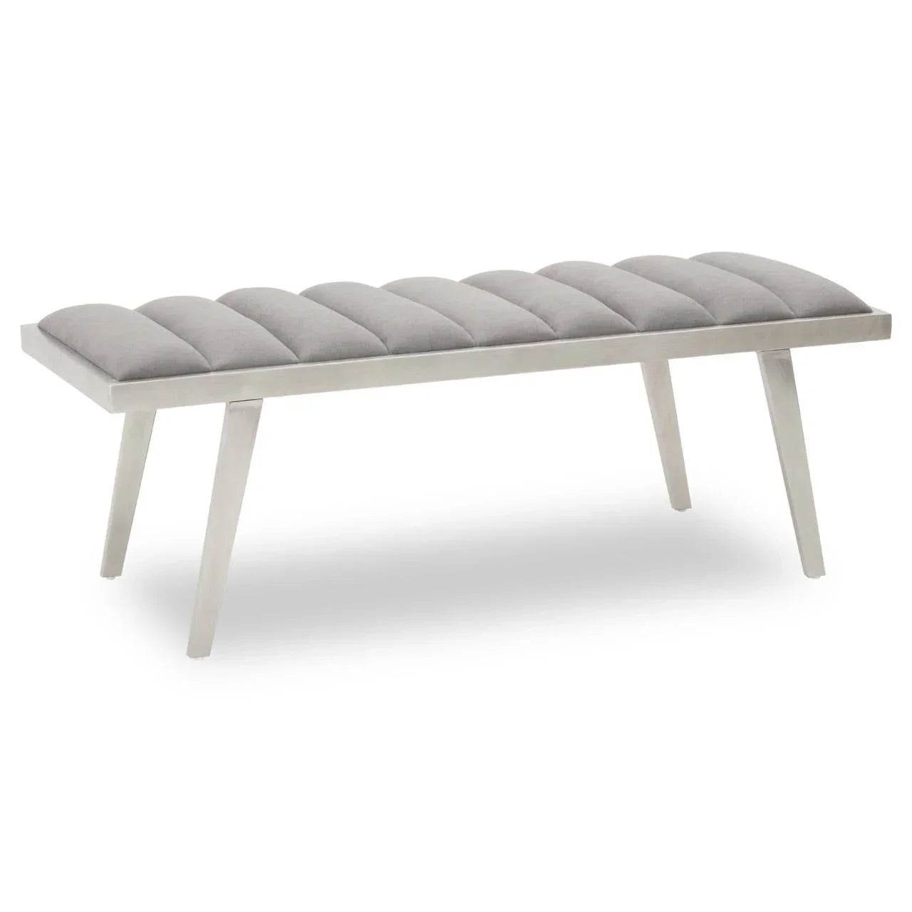Upholstered bench with light grey padded seat and sleek angled metal legs
