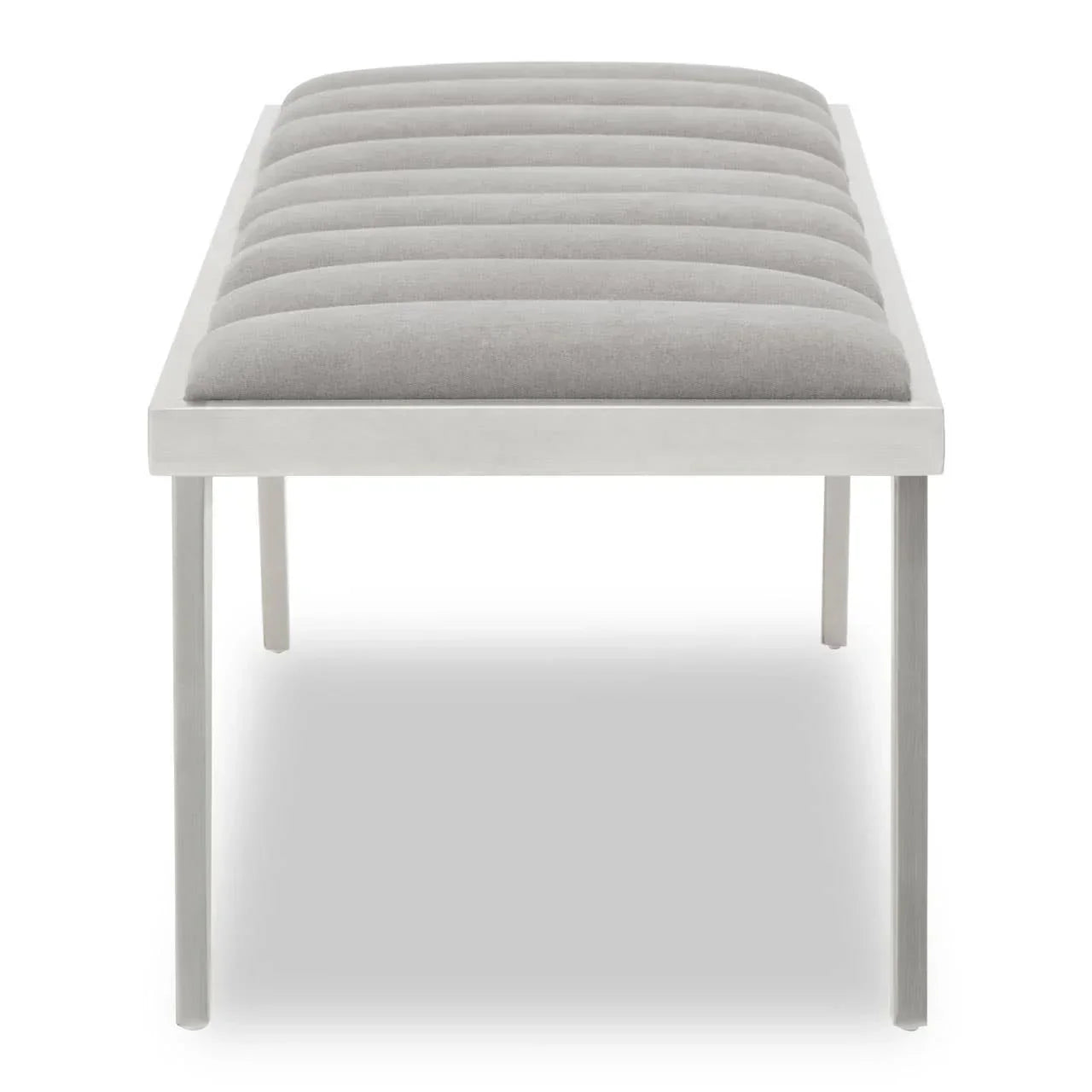 Front view of grey upholstered dining bench with metal legs