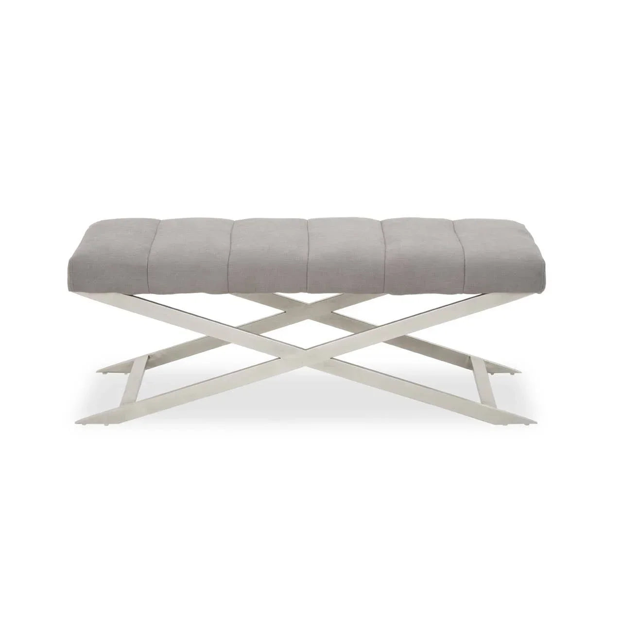 Grey upholstered bench with metal X-shaped legs, front view