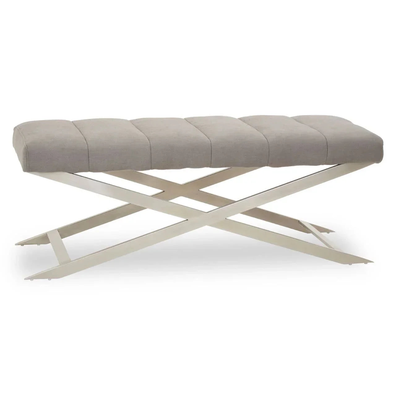 Grey upholstered bench with metal cross legs and stitched seat detail