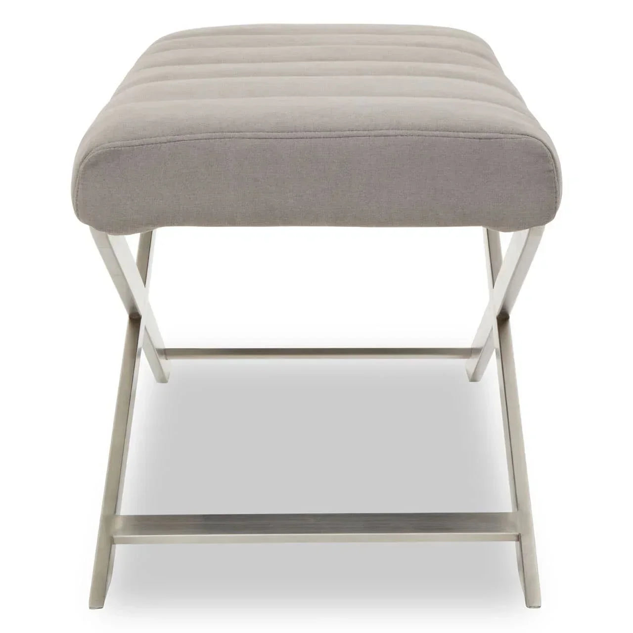 Grey upholstered stool with stainless steel frame and horizontal stitched detailing