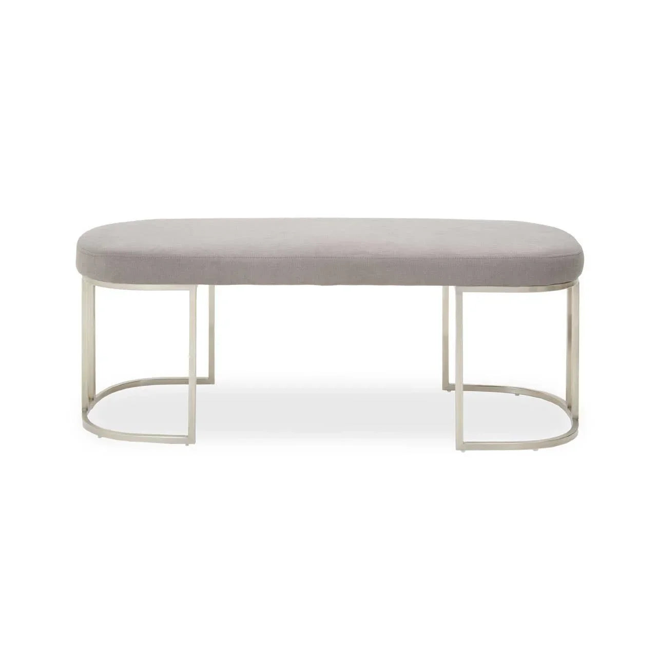 Grey fabric bench with curved metal legs and an upholstered seat, front angle view