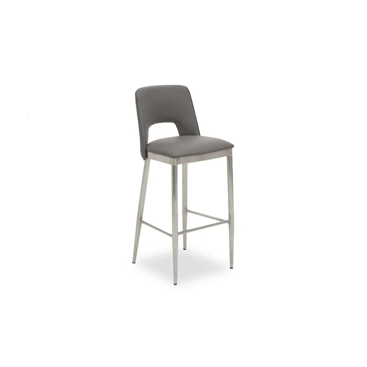 Grey bar stool with metal legs and cushioned seat, modern kitchen seating furniture
