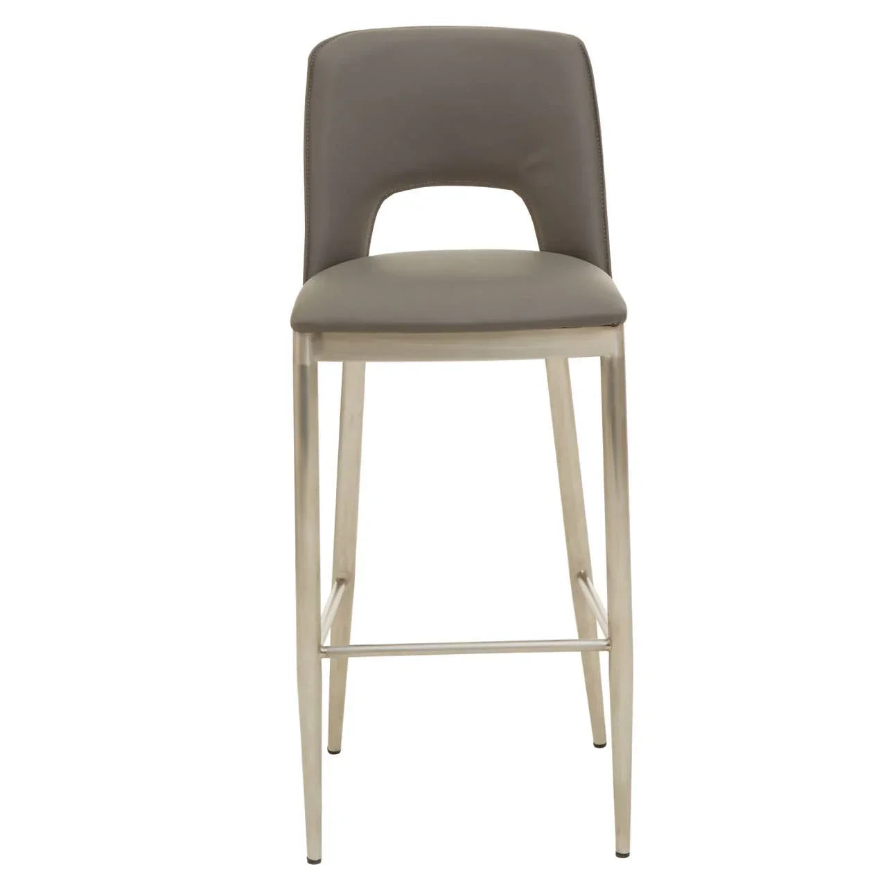 Grey faux leather bar stool with chrome legs, front view