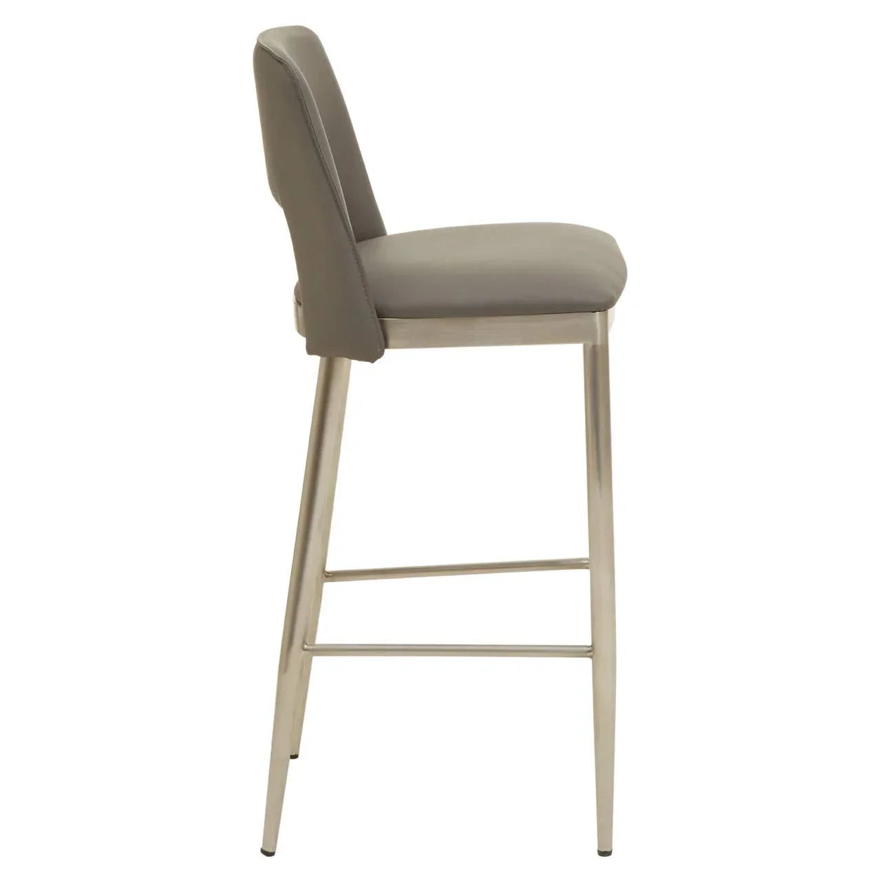 Grey bar stool with padded seat and backrest, stainless steel legs, side profile view