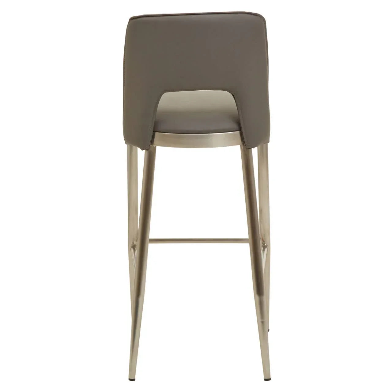 Grey bar stool with metal legs shown from the back