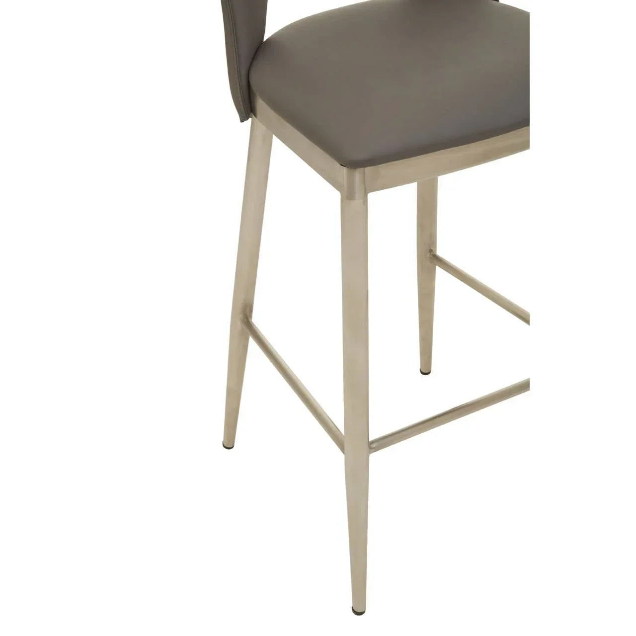 Grey bar stool with brushed metal legs and footrest, partial side angle view