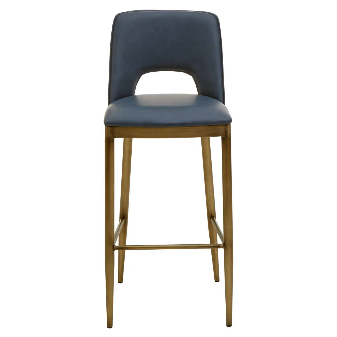 Blue leather bar stool with gold metal legs and backrest cutout, front view