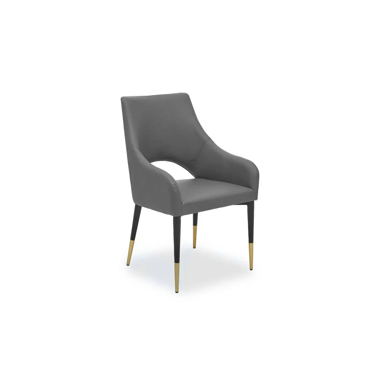 Grey dining chair with curved back, black legs and gold metal tips on white background