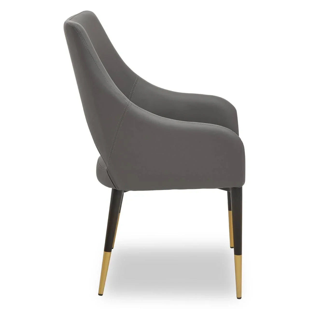 Grey dining chair with curved backrest and gold-tipped black legs, side profile view