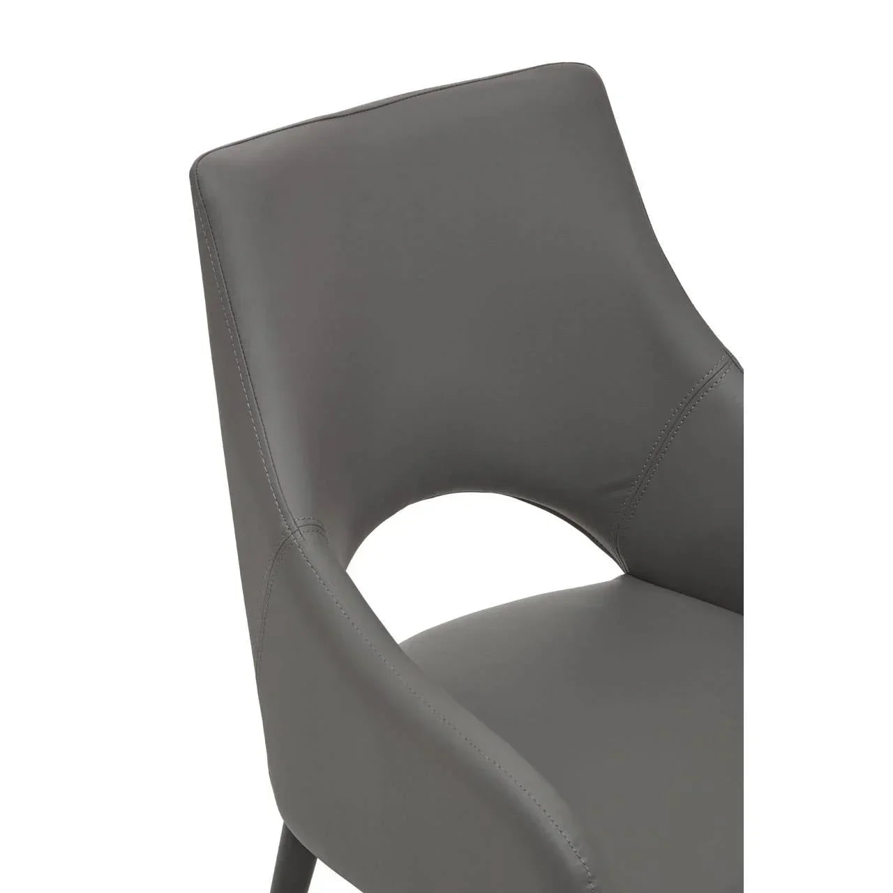 Grey faux leather dining chair with cut-out backrest and stitched detail