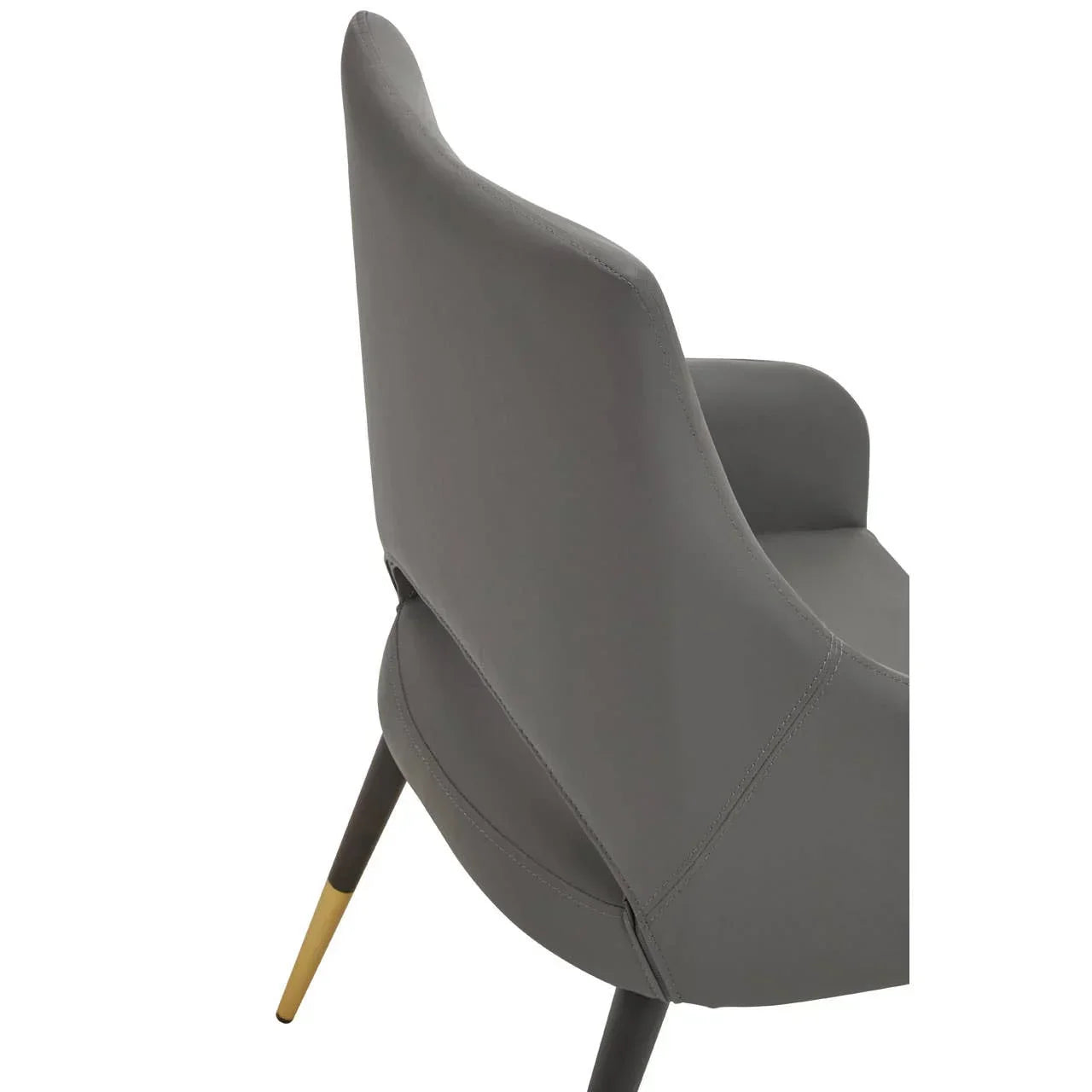 Grey dining chair with curved backrest and gold-tipped black legs, rear angled view