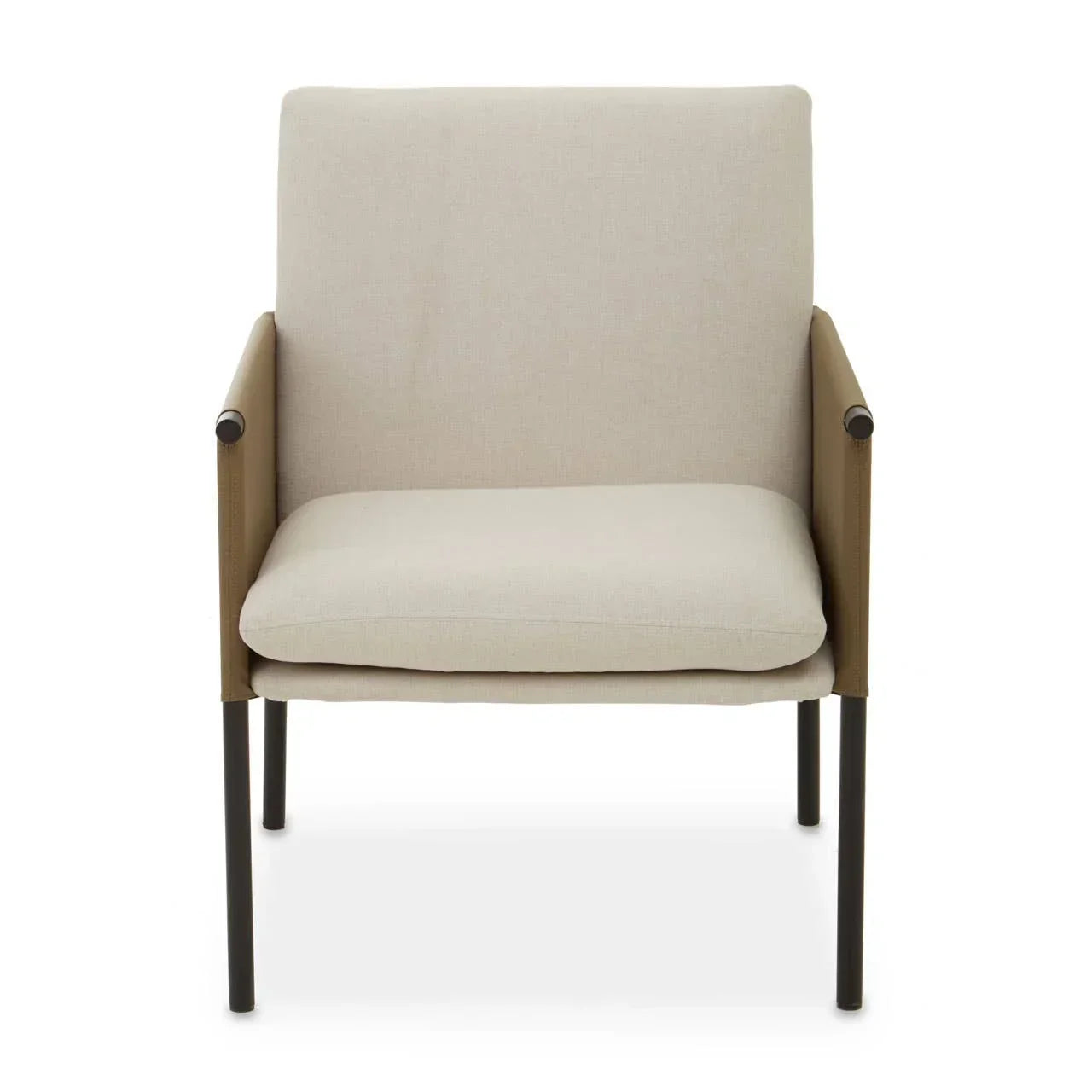 Beige fabric armchair with slim black metal legs and tan side panels, front view
