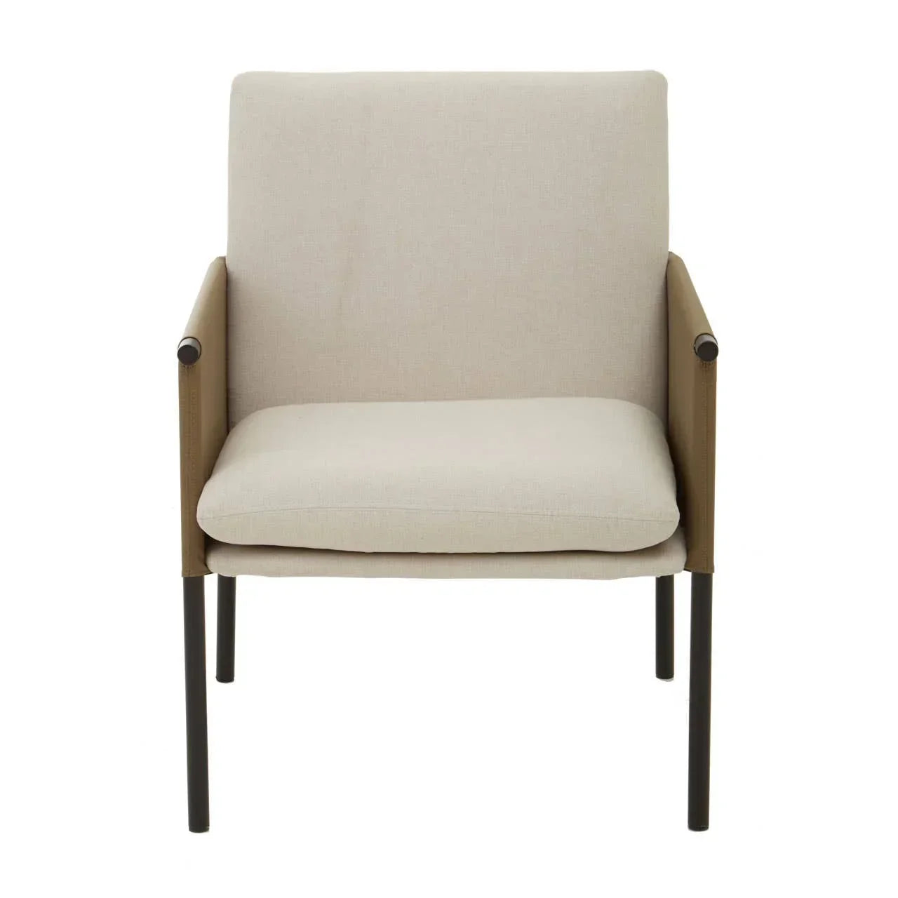 Beige fabric accent chair with cushioned seat, brown armrests, and black metal legs