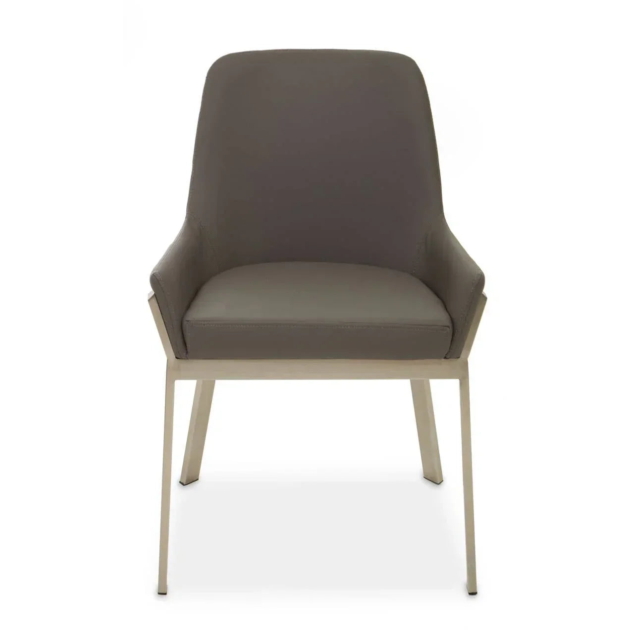 Grey upholstered dining chair with metal legs, front view