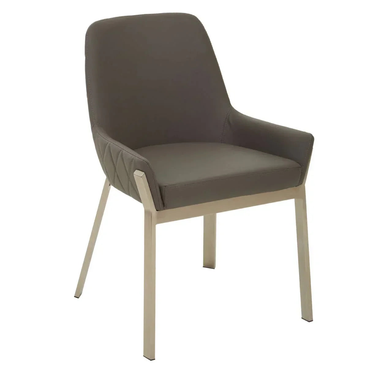 Grey upholstered dining chair with armrests and brushed metal legs, angled front view