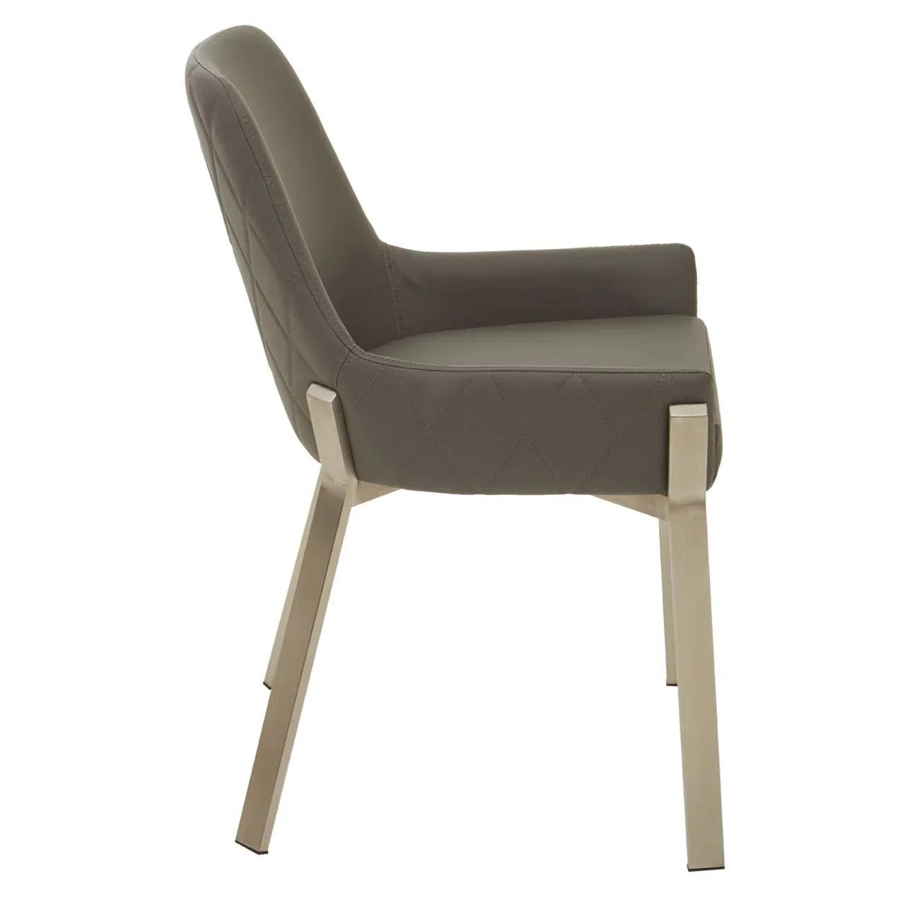 Side view of grey dining chair with quilted seat and brushed metal legs
