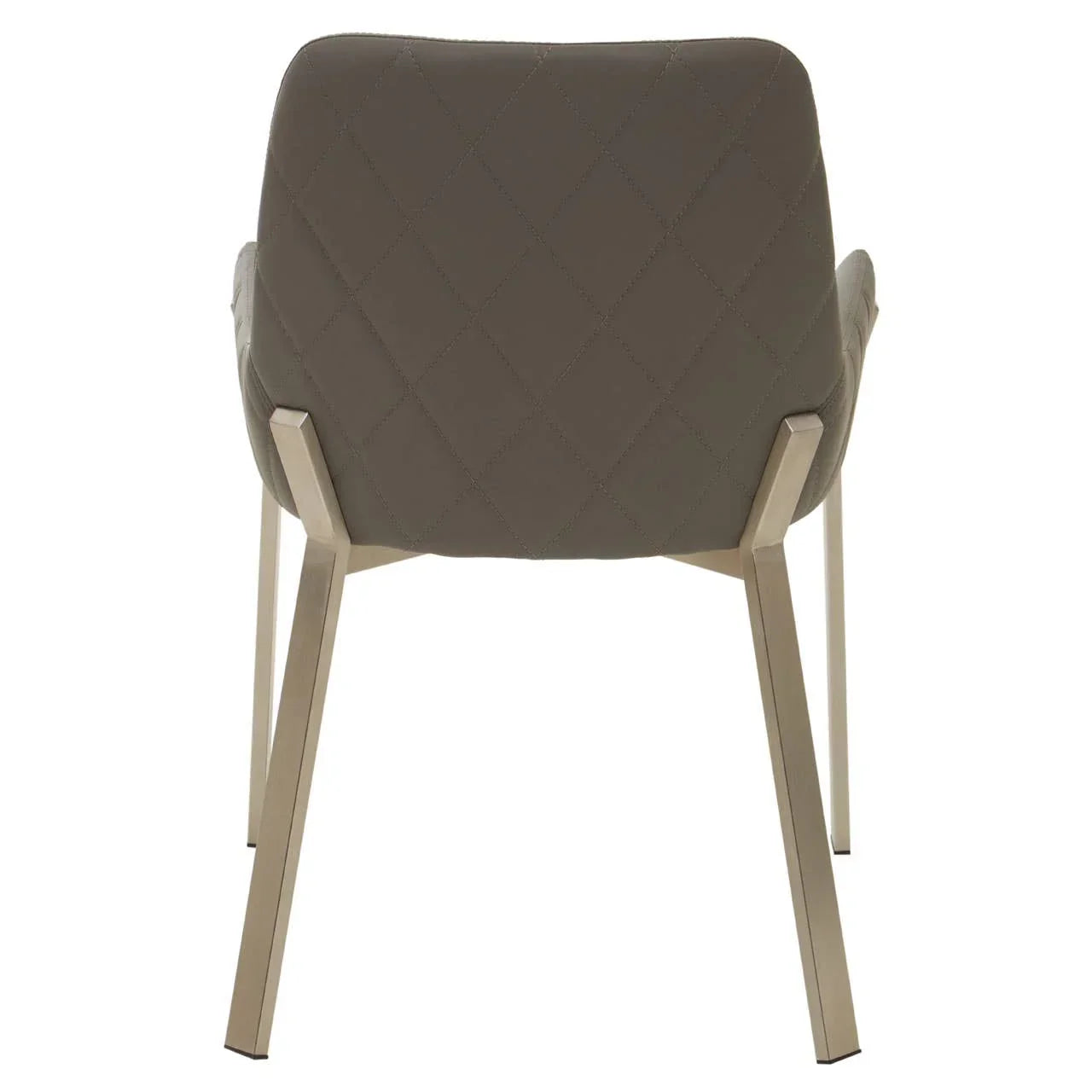 Grey dining chair with quilted backrest and metal legs, rear view