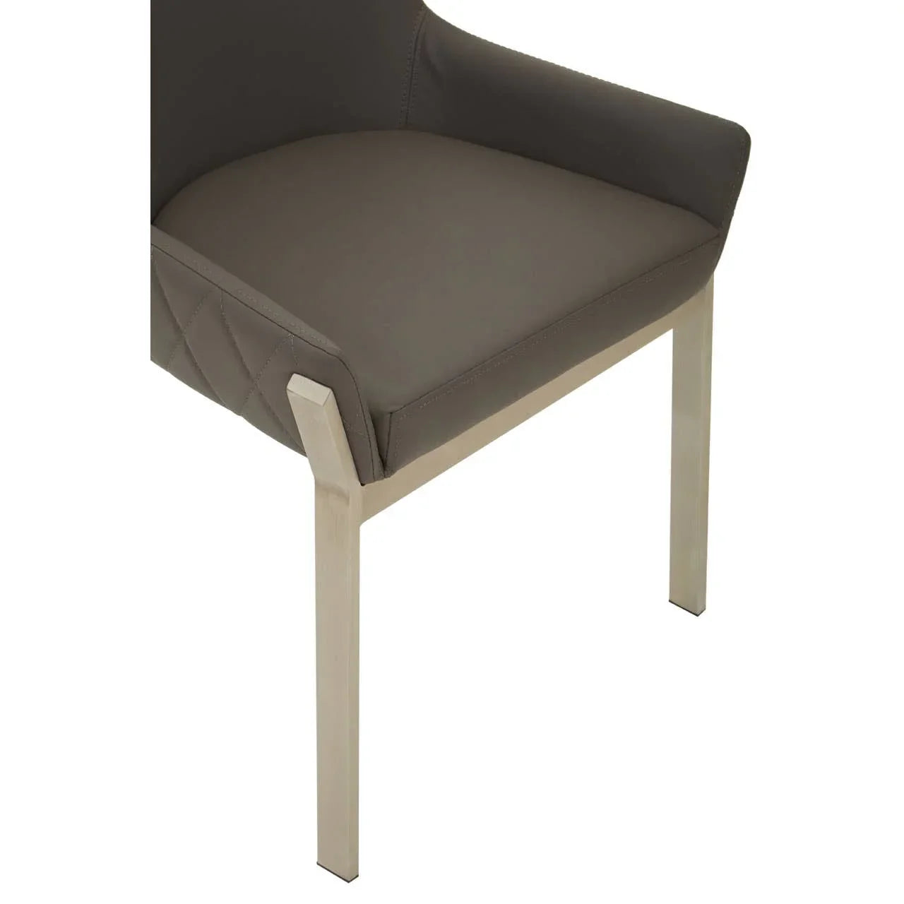 Grey dining chair with padded seat and metal legs, close-up of front and side angle