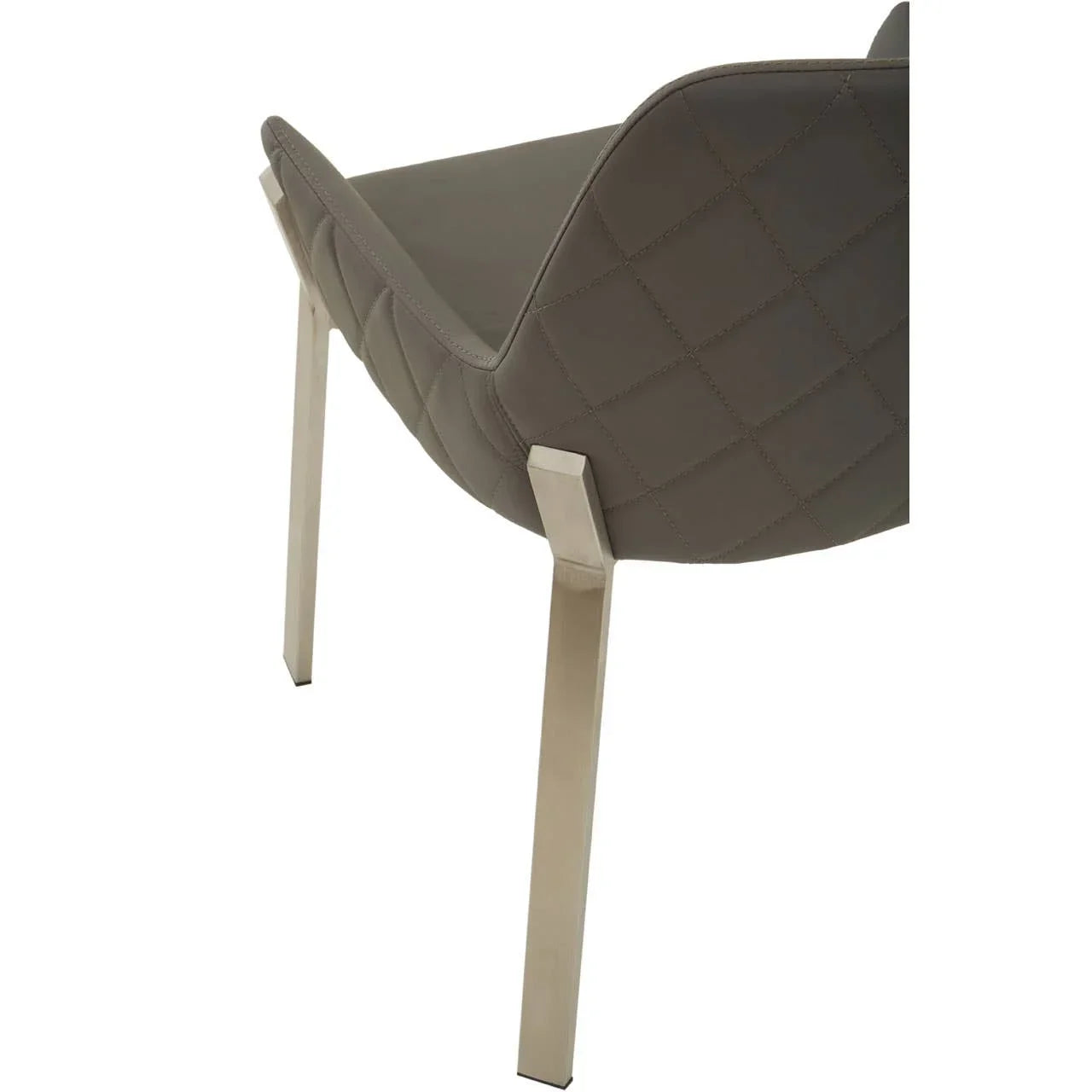 Quilted grey dining chair with metal angled legs, rear side closeup view