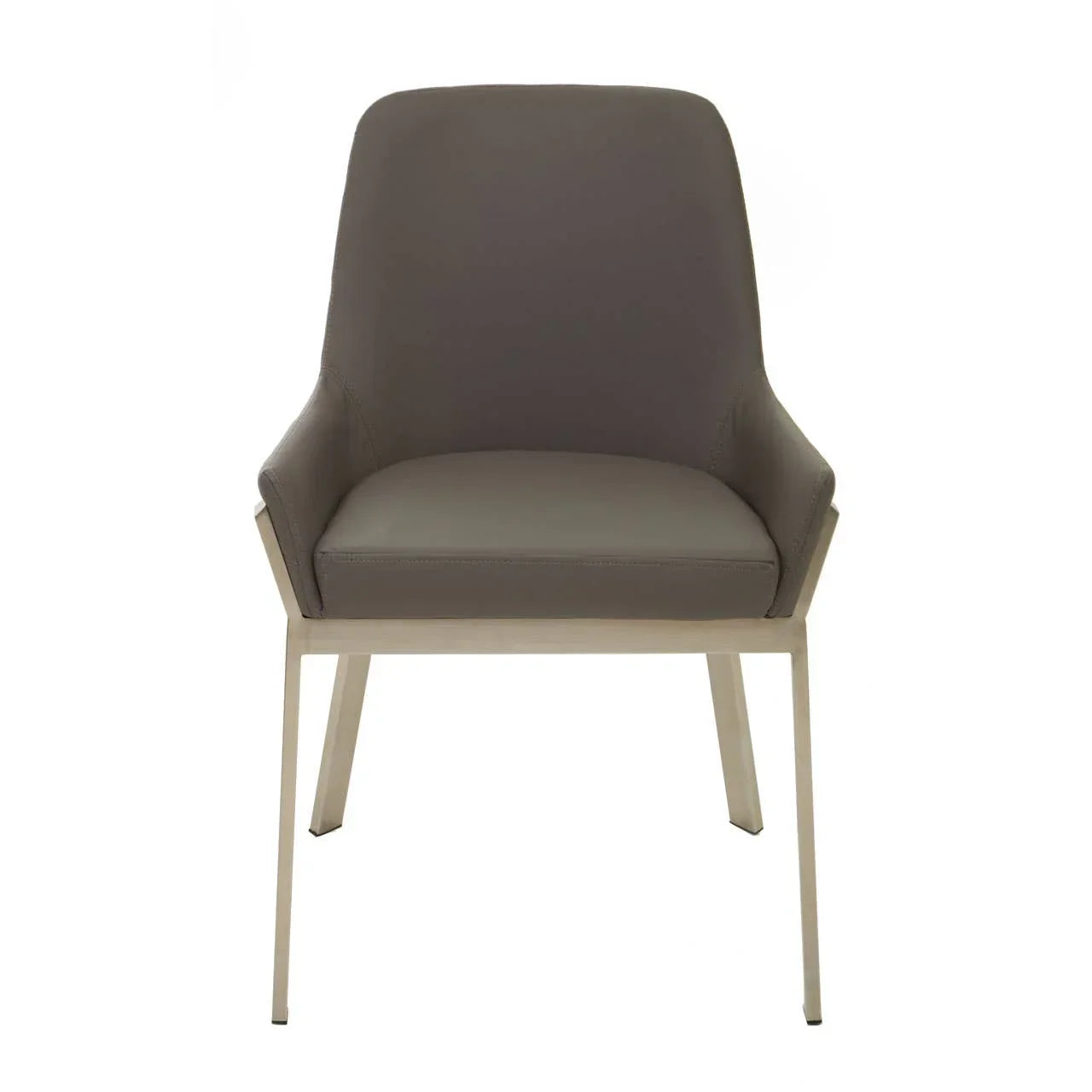 Taupe faux leather dining chair with angled metal legs, front view